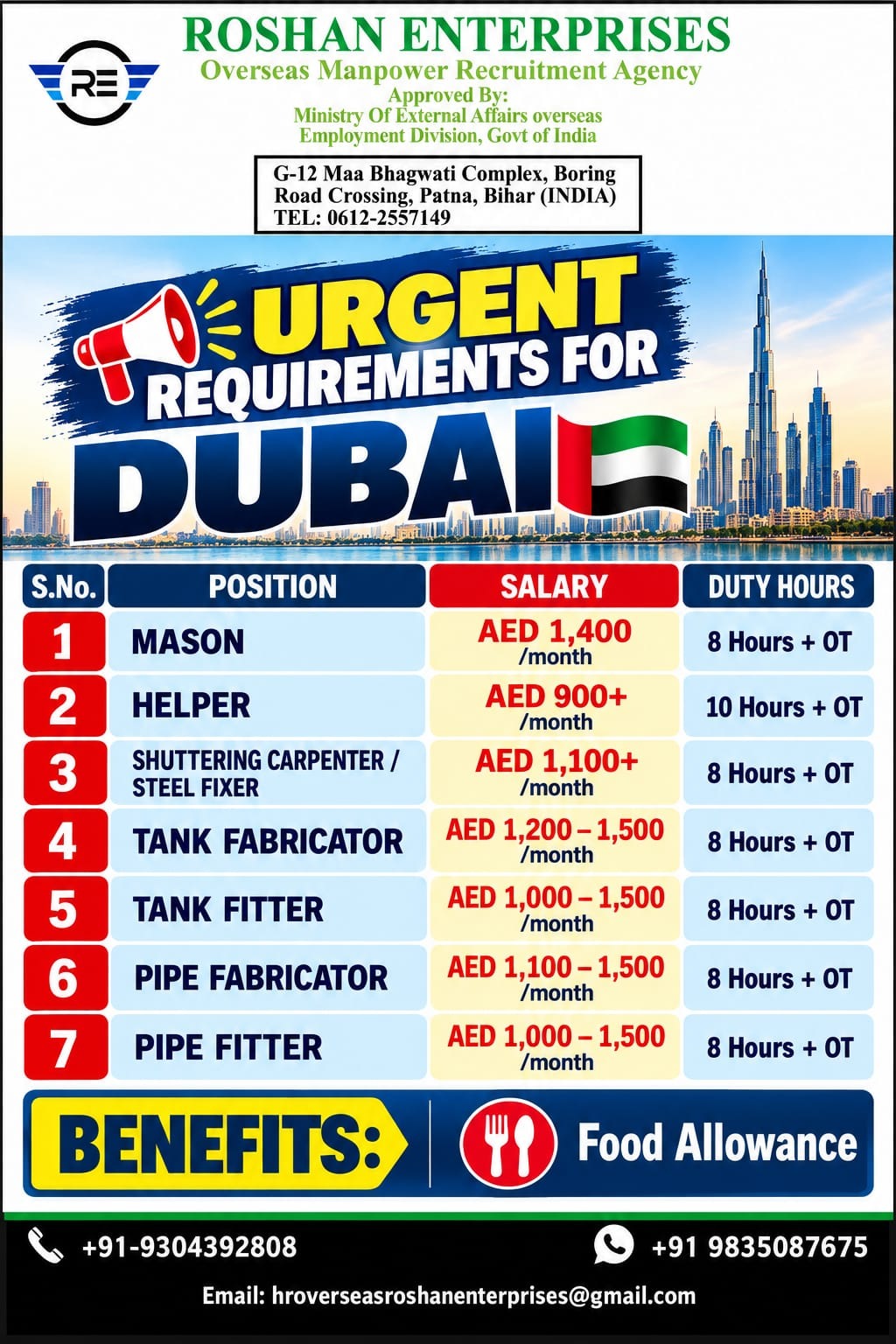Dubai Job Vacancy – Urgent Hiring at Roshan Enterprises