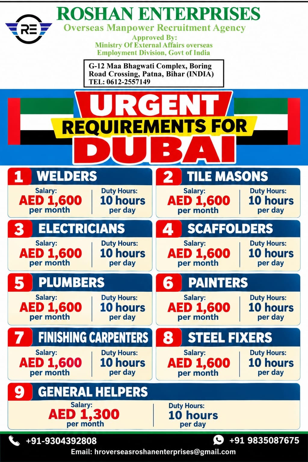 Dubai Job Vacancy – Urgent Hiring at Roshan Enterprises