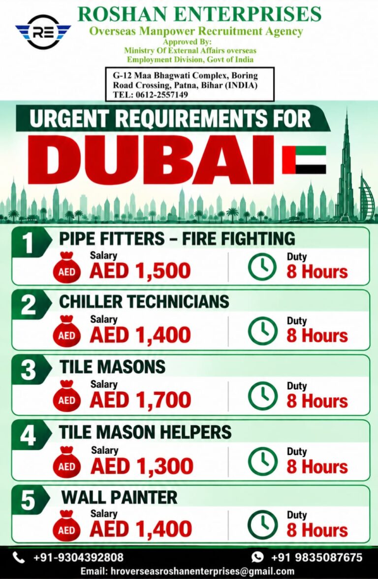 Dubai Job Vacancy – Urgent Requirements at Roshan Enterprises