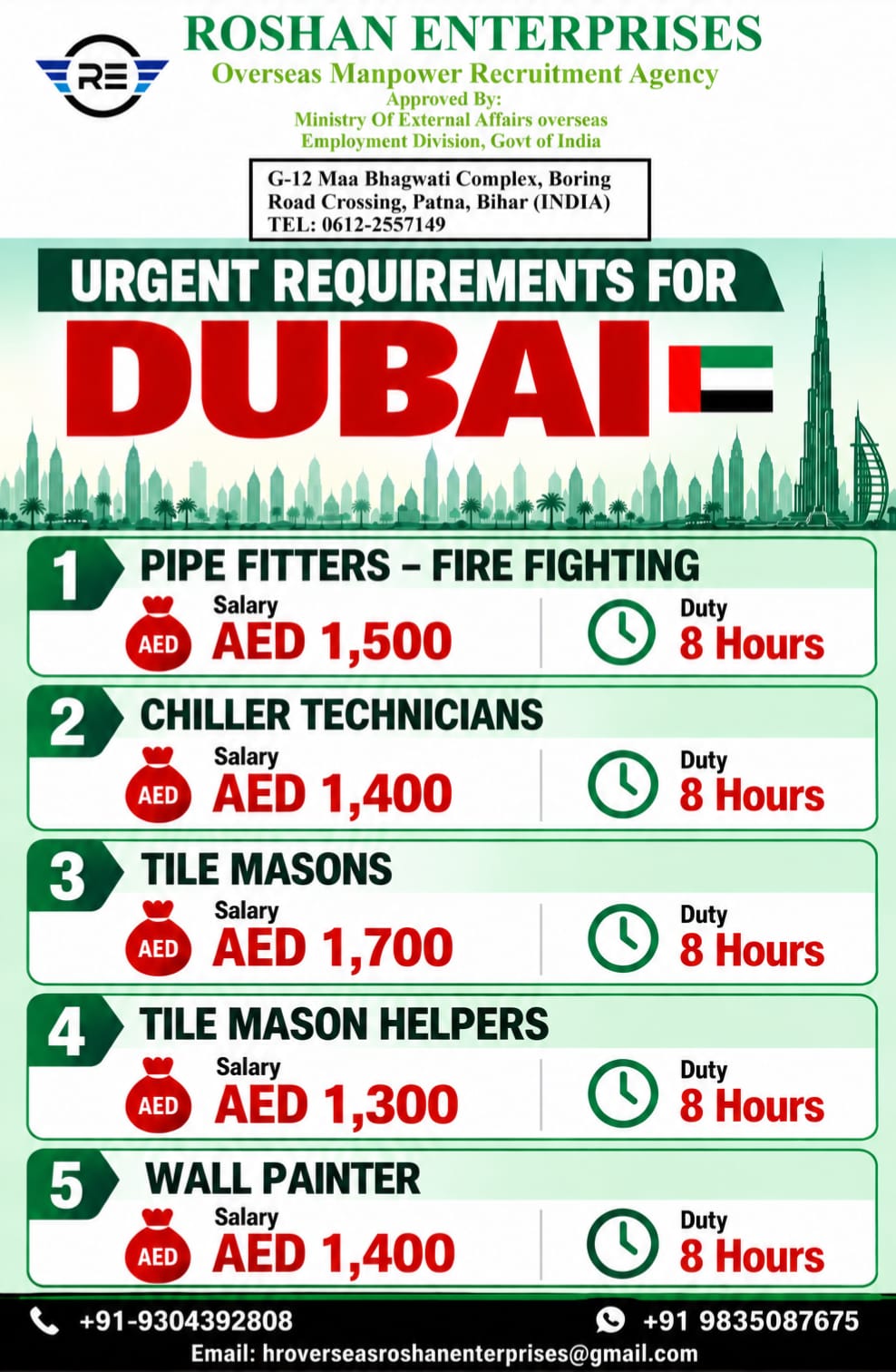 Dubai Job Vacancy – Urgent Requirements at Roshan Enterprises