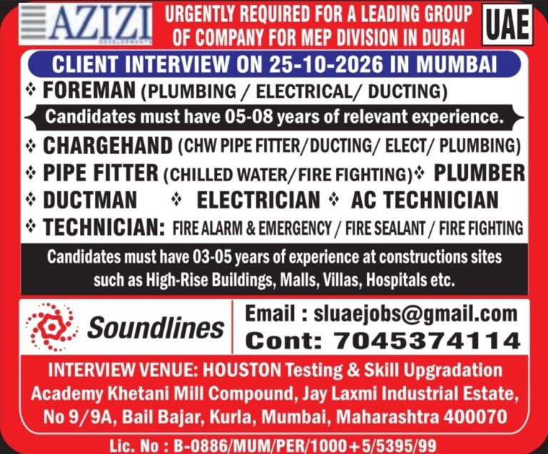 Dubai MEP Jobs – Client Interview in Mumbai at Soundlines