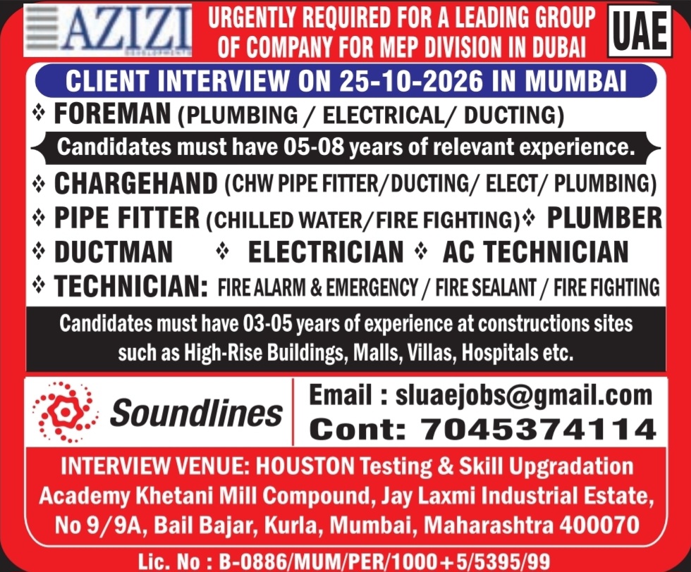 Dubai MEP Jobs – Client Interview in Mumbai at Soundlines
