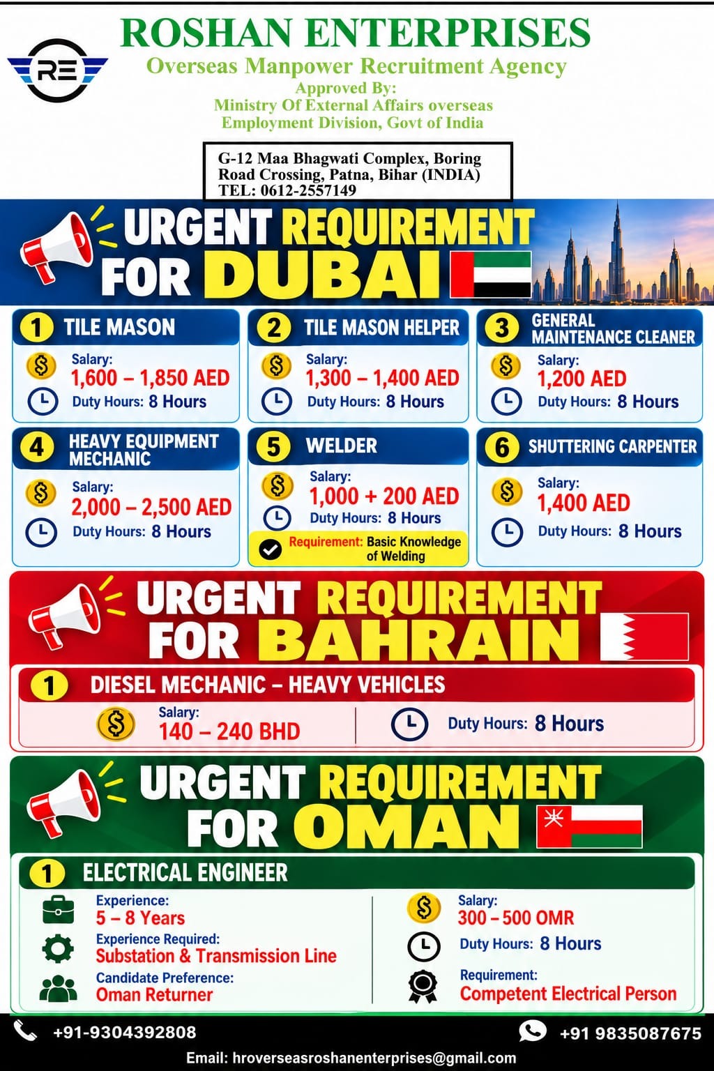 Gulf Job Vacancy – Urgent Hiring at Roshan Enterprises