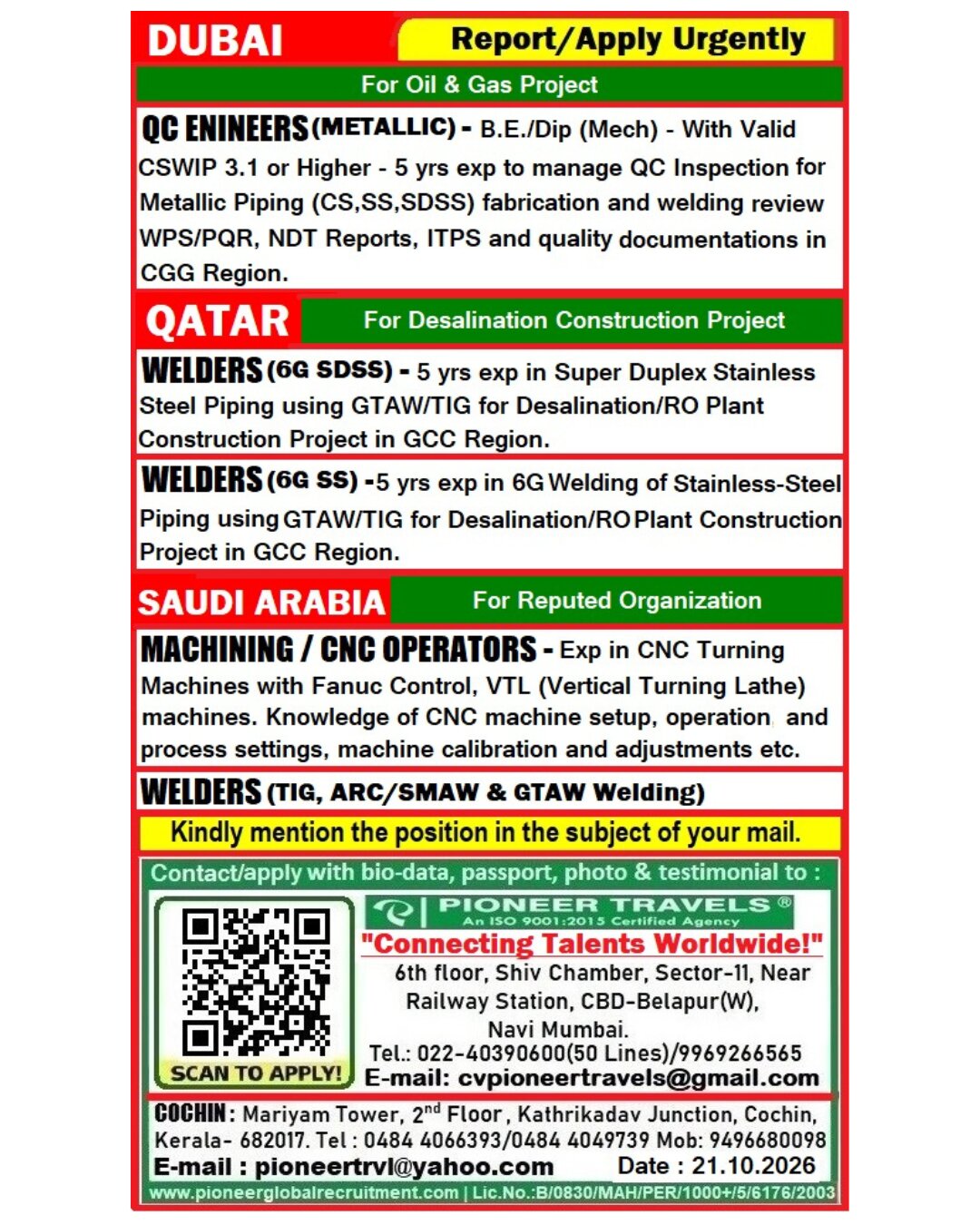 Gulf Job Vacancy – Urgent Hiring at Pioneer Travels
