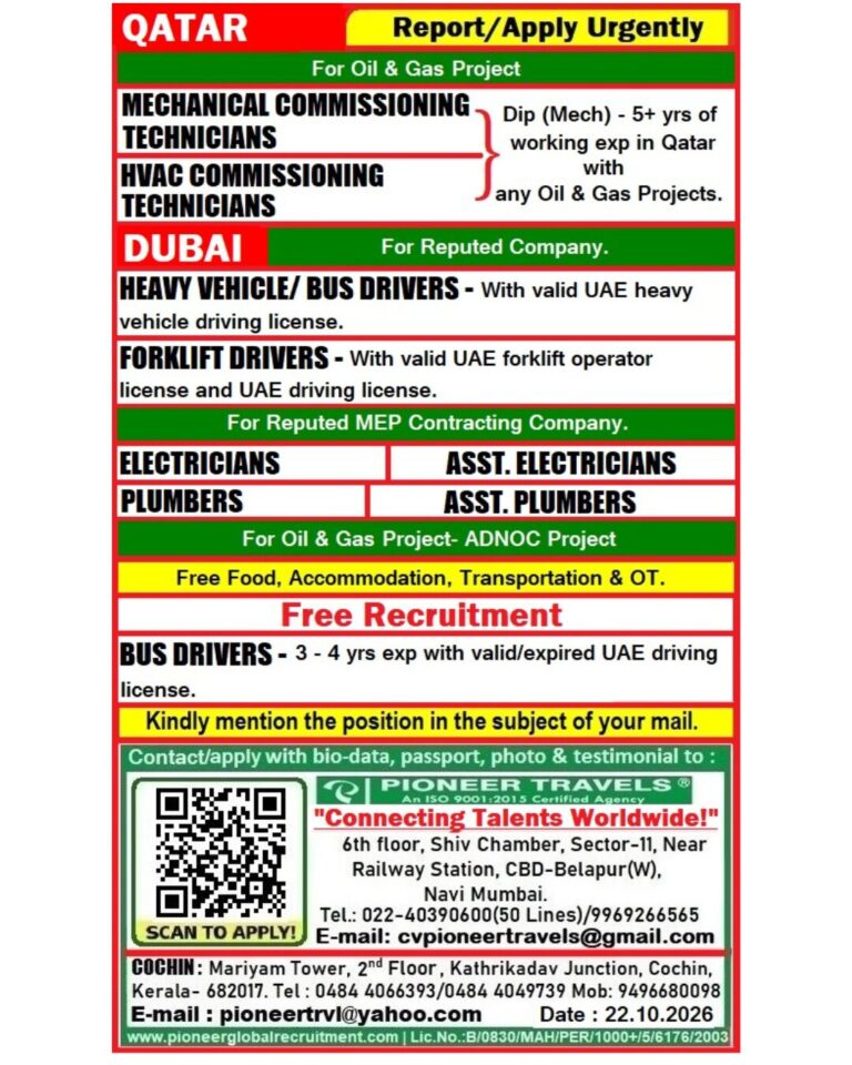 Gulf Job Vacancy – Urgent Hiring at Pioneer Travels