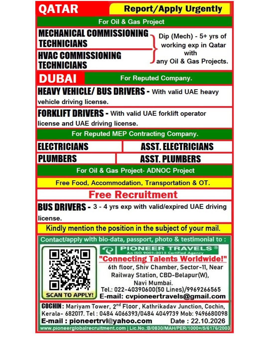 Gulf Job Vacancy – Urgent Hiring at Pioneer Travels
