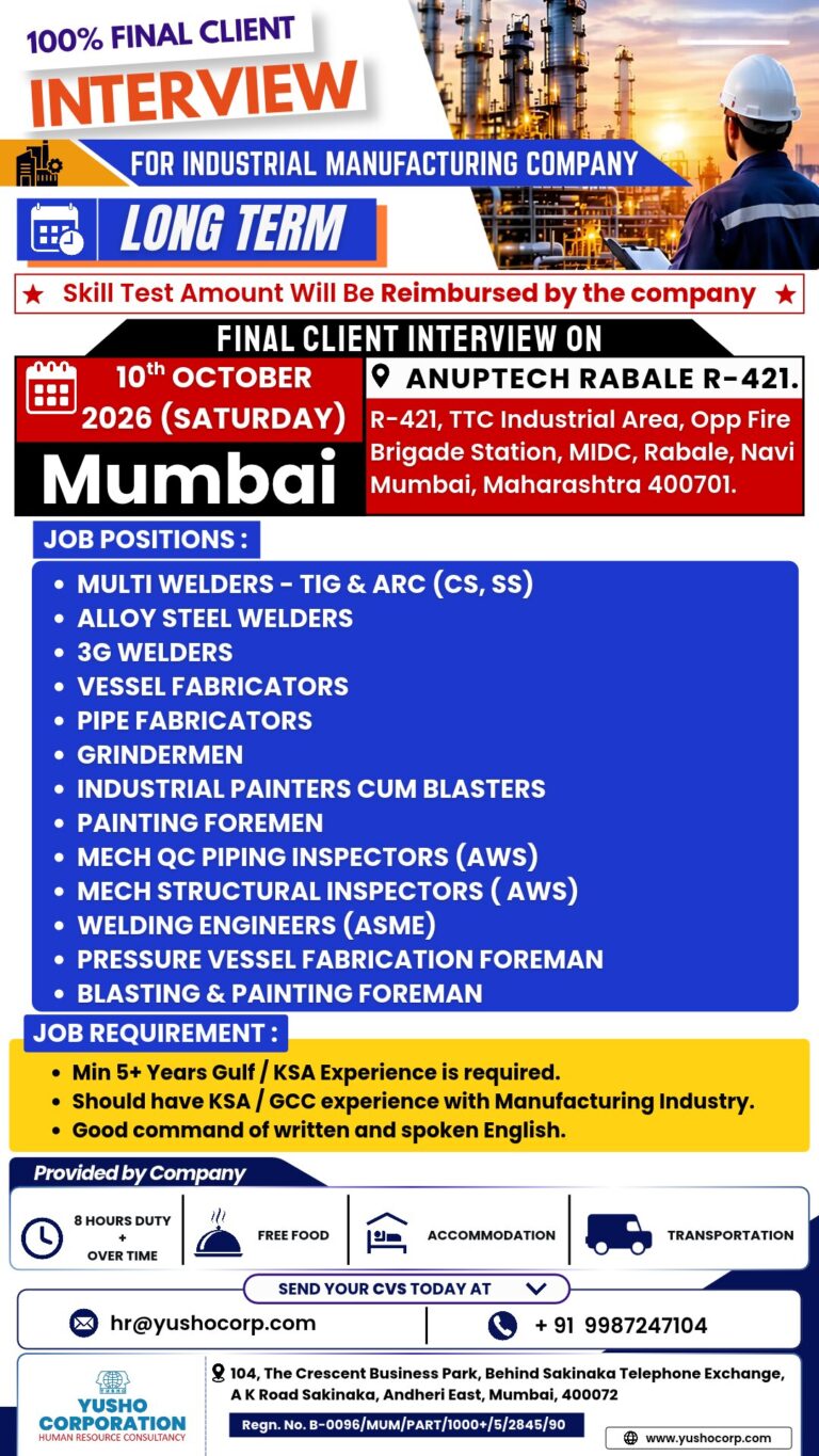 Gulf Job Vacancy – Industrial Manufacturing Client Interview in Mumbai