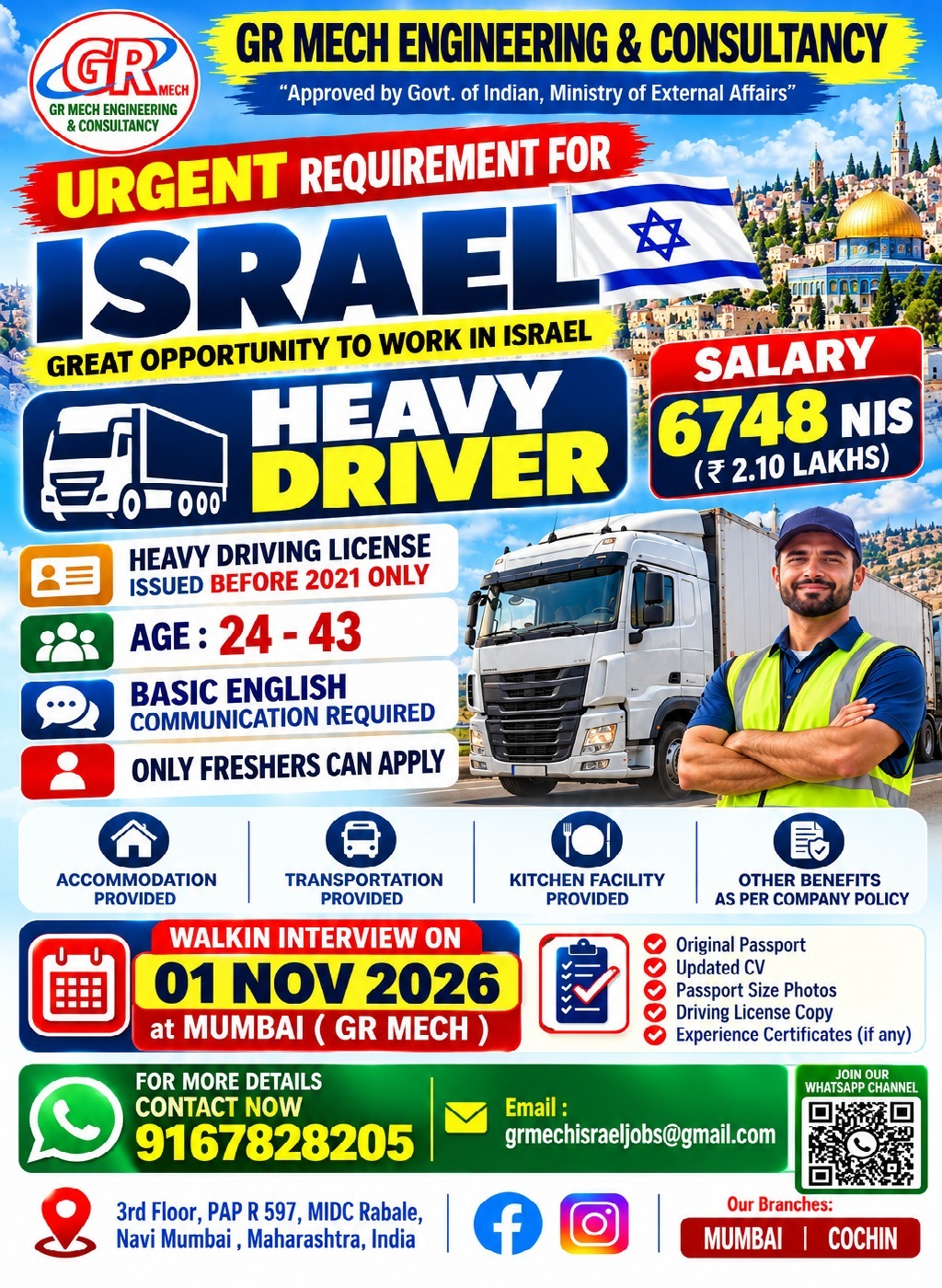 Heavy Driver Jobs in Israel – 6748 NIS Salary – Walkin Interview in Mumbai