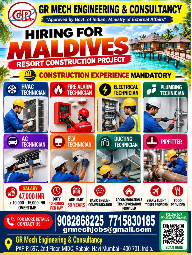 HVAC Technician, Fire Alarm Technician and Plumber Jobs in Maldives – Urgent Hiring