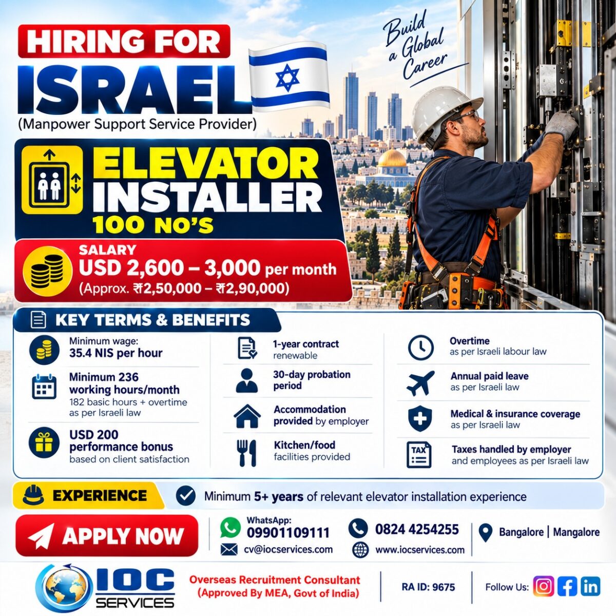 Israel Job Vacancy – Elevator Installer Hiring by IOC Services