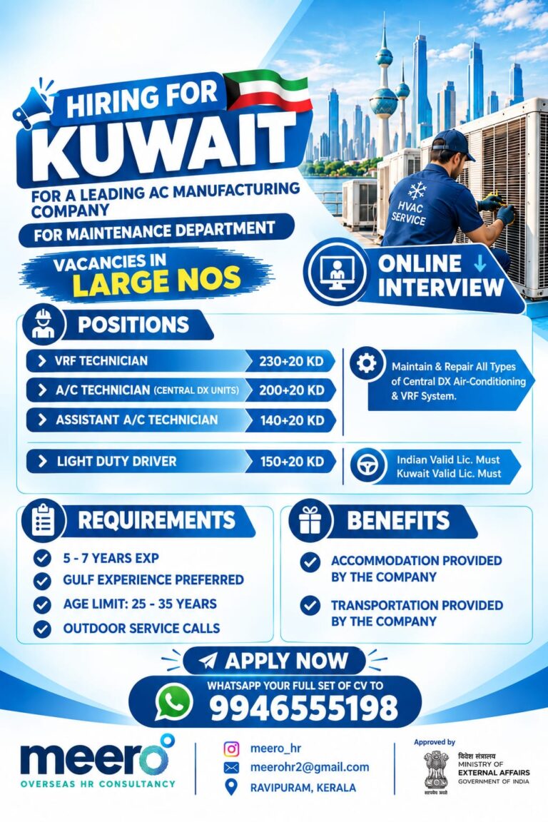Kuwait Job Vacancy – Urgent Hiring For A Leading A/C Manufacturing Co.