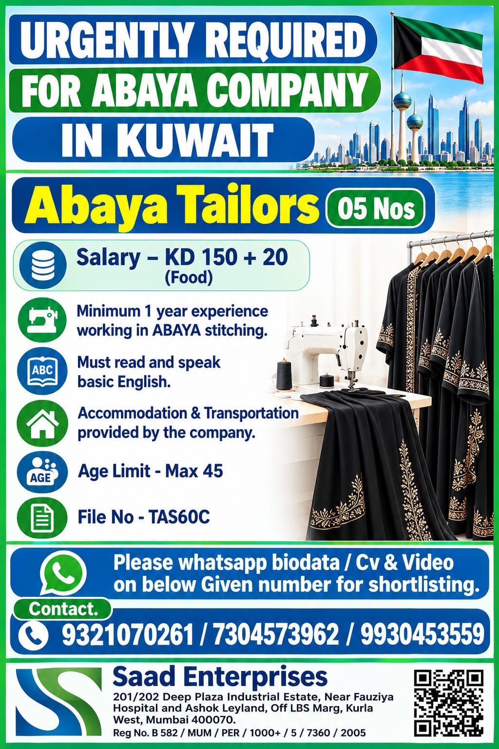 Kuwait Job Vacancy – Abaya Tailors Required by Saad Enterprises