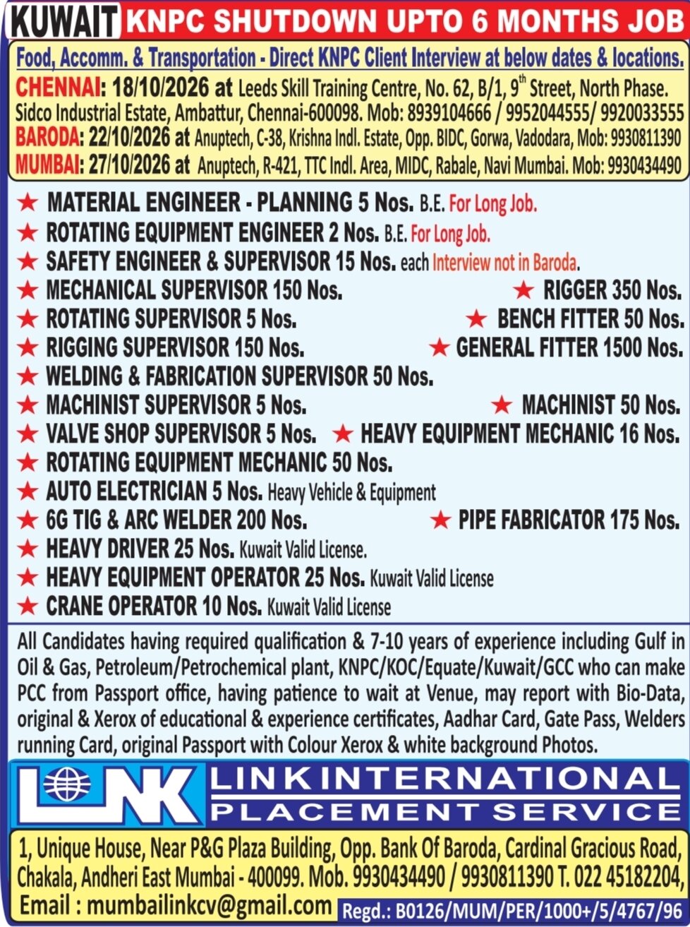 Kuwait Shutdown Jobs 2026 – Link International Placement