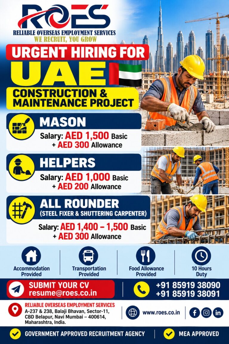 Mason, Steel Fixer and Helper Jobs in UAE – Urgent Hiring