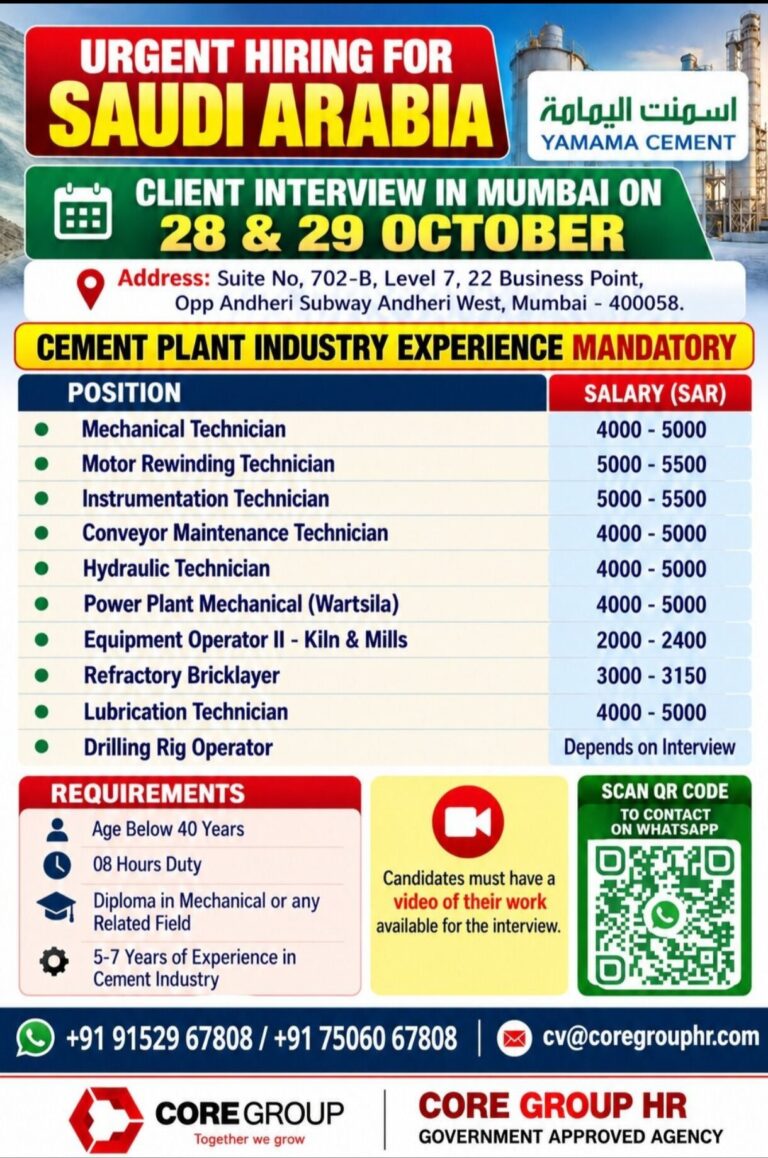 For Yamama Cement: Mechanical,Instrumentation Technician,motor rewinding etc..Jobs in Saudi Arabia – Client Interview