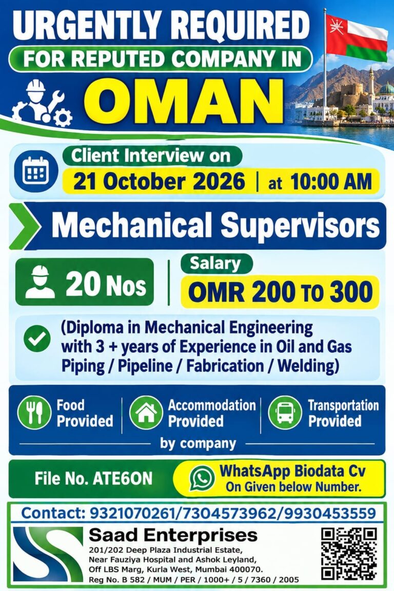 Oman Job Vacancy - Mechanical Supervisor at Saad Enterprises 7 Oman Job Vacancy – Mechanical Supervisor at Saad Enterprises