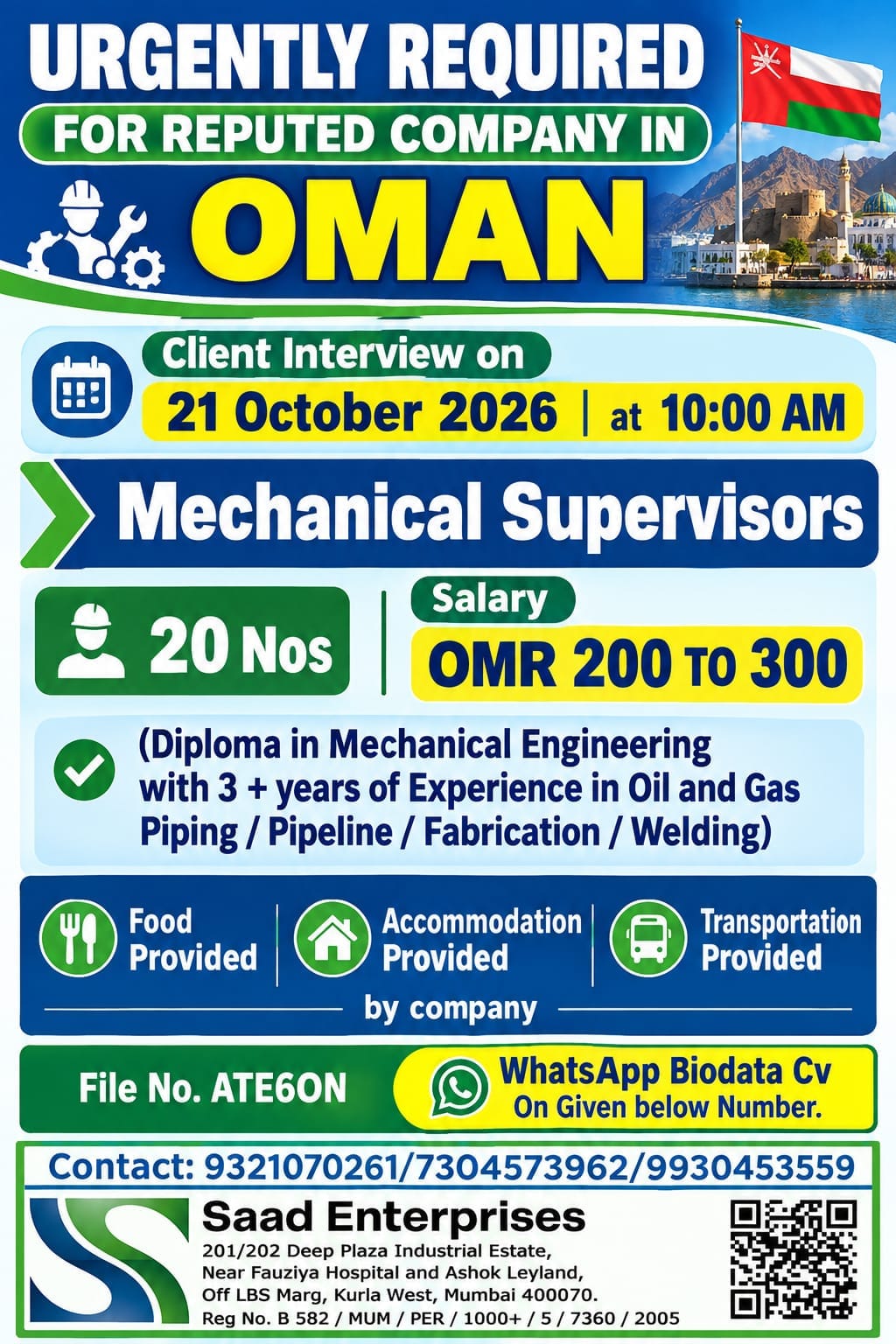 Oman Job Vacancy – Mechanical Supervisor at Saad Enterprises