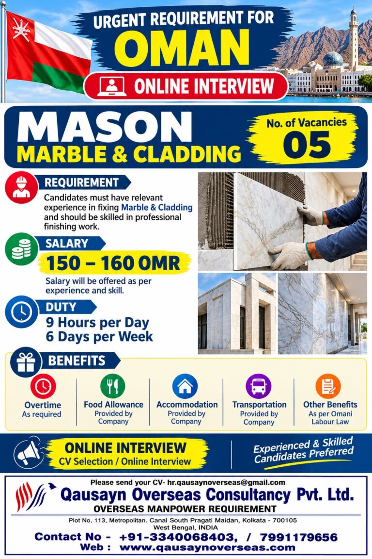 Oman Job Vacancy – Mason Marble & Cladding at Qausayn Overseas