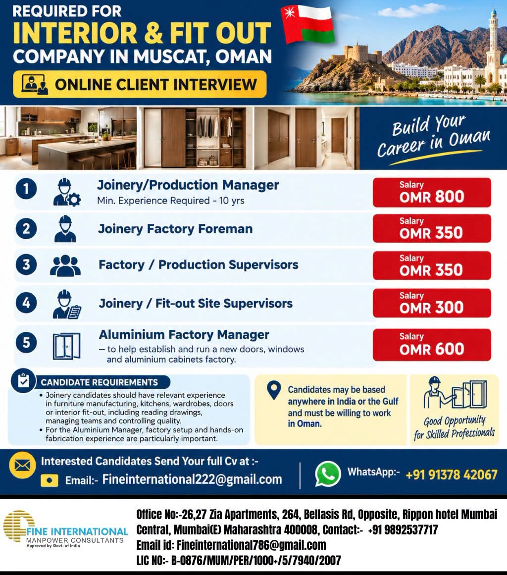 Oman Job Vacancy – Urgent Hiring at Fine International