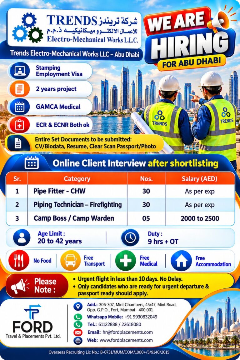 Pipe Fitter, Fire Fighting Technician and Camp Boss Jobs in Abu Dhabi – Online Interview