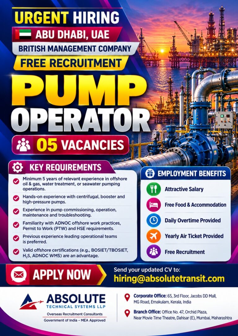 Pump Operator Jobs in Abu Dhabi – Free Recruitment