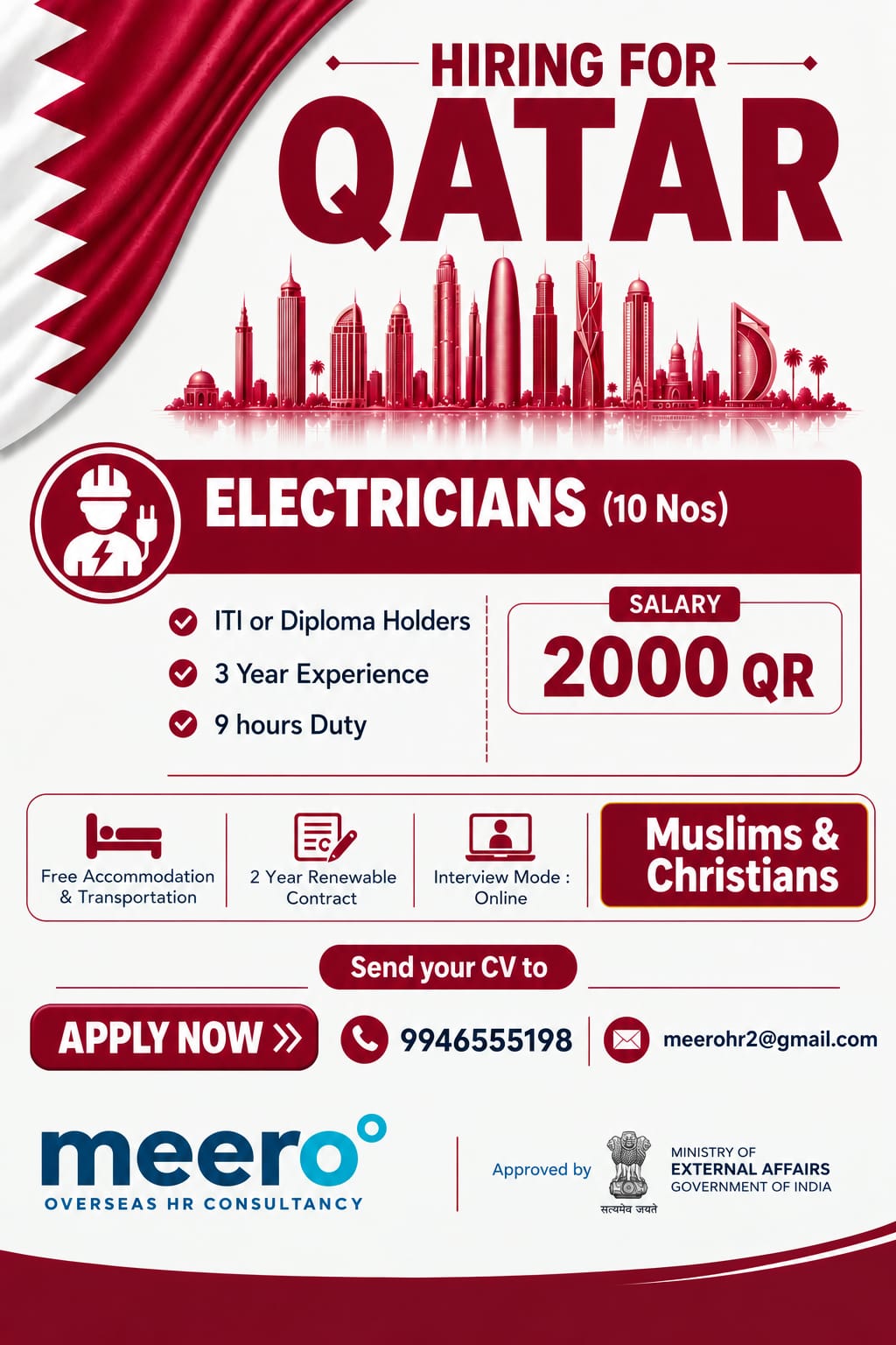 Qatar Job Vacancy – Electricians Urgently Required