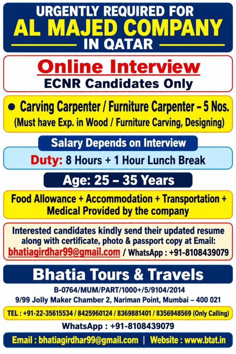 Qatar Job Vacancy – Urgent Hiring at Bhatia Tours & Travels