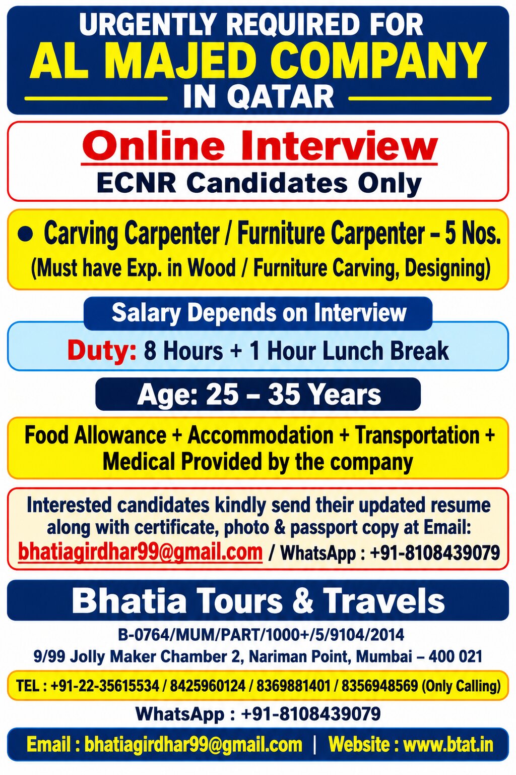 Qatar Job Vacancy – Urgent Hiring at Bhatia Tours & Travels