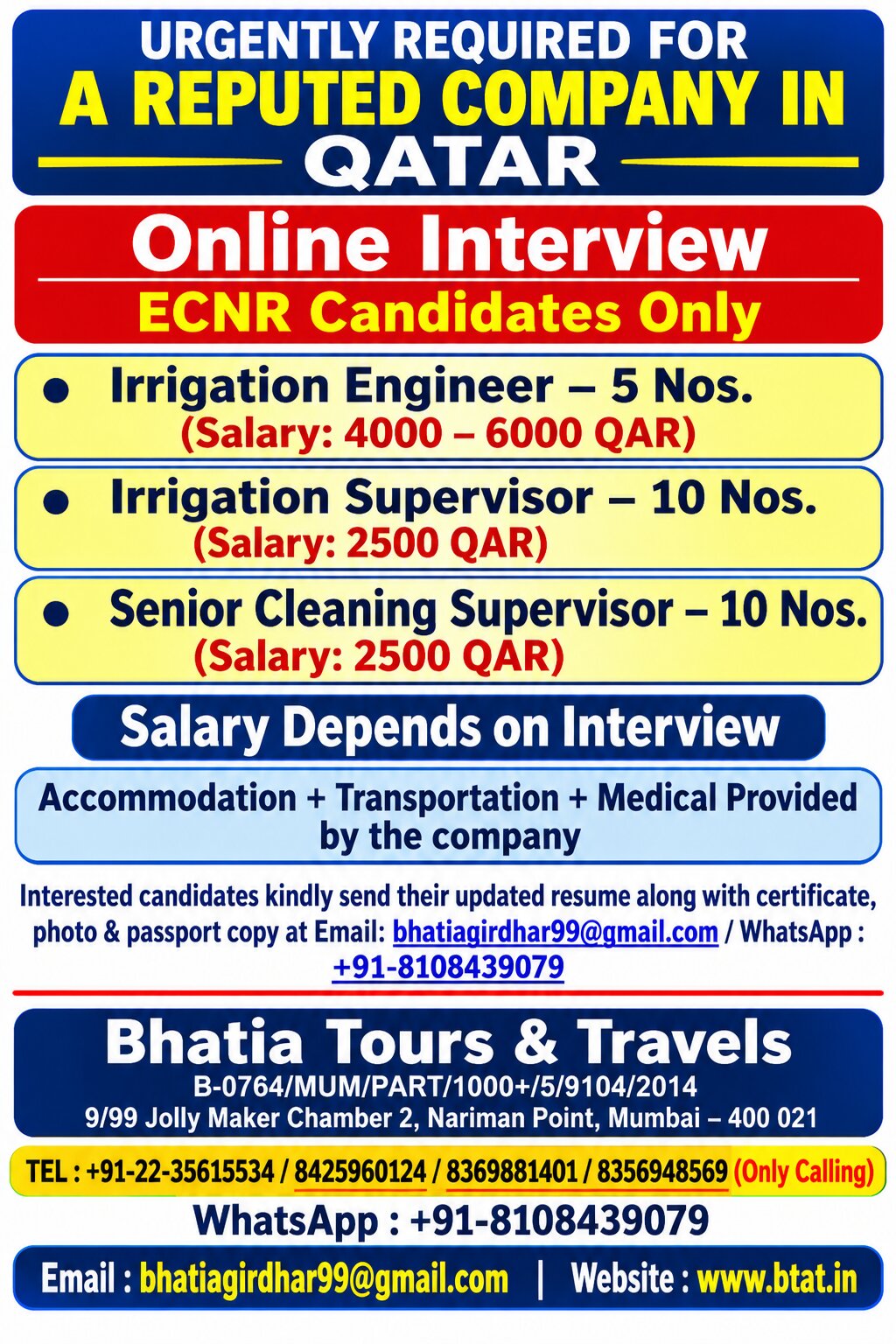 Qatar Job Vacancy – Urgent Hiring at Bhatia Tours & Travels