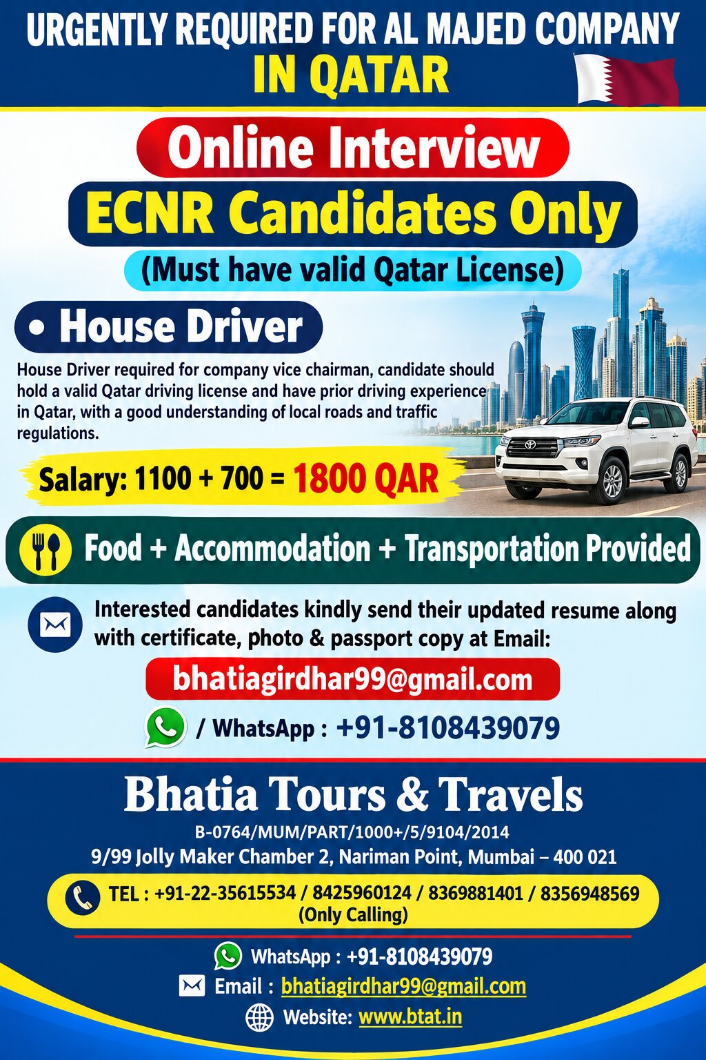 URGENTLY REQUIRED FOR AL MAJED COMPANY IN QATAR