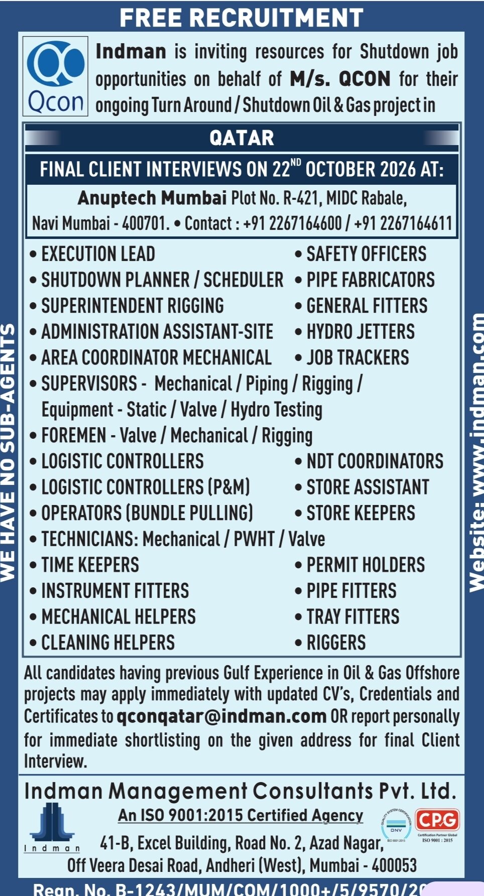 Qatar Job Vacancy – Indman Recruitment for QCON