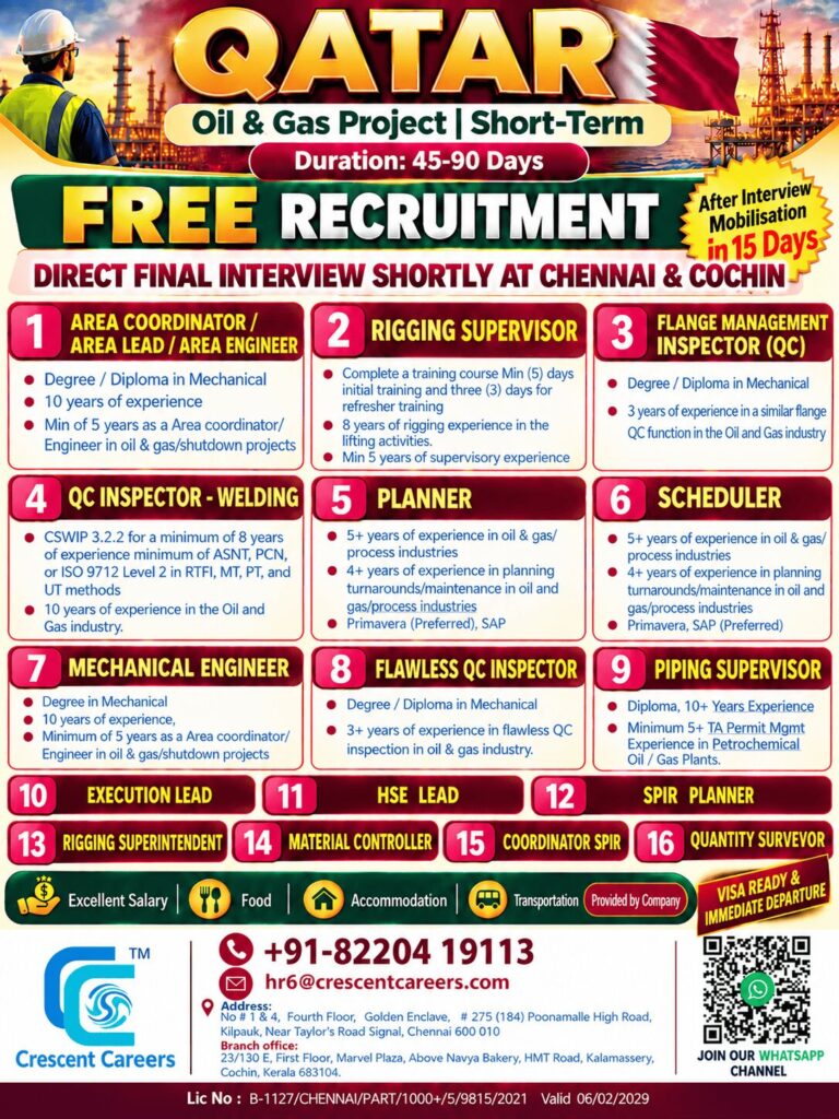 π¨ IMMEDIATE DEPARTURE - πΆπ¦ QATAR | OIL & GAS PROJECT - Crescent Careers 6 π¨ IMMEDIATE DEPARTURE – πΆπ¦ QATAR | OIL & GAS PROJECT – Crescent Careers