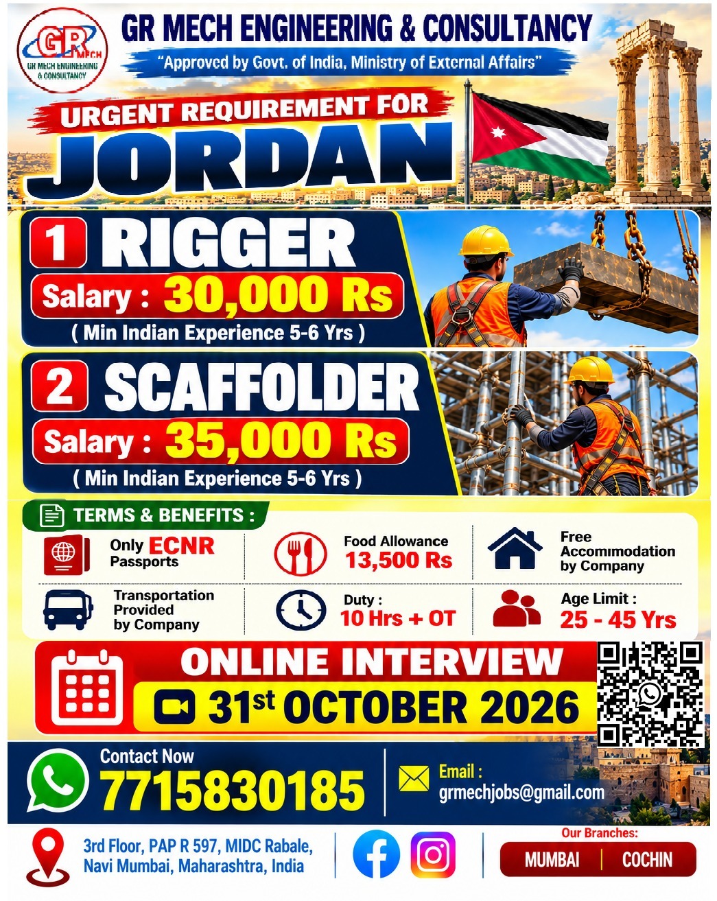 Rigger and Scaffolder Jobs in Jordan – Online Interview on 31st October 2026