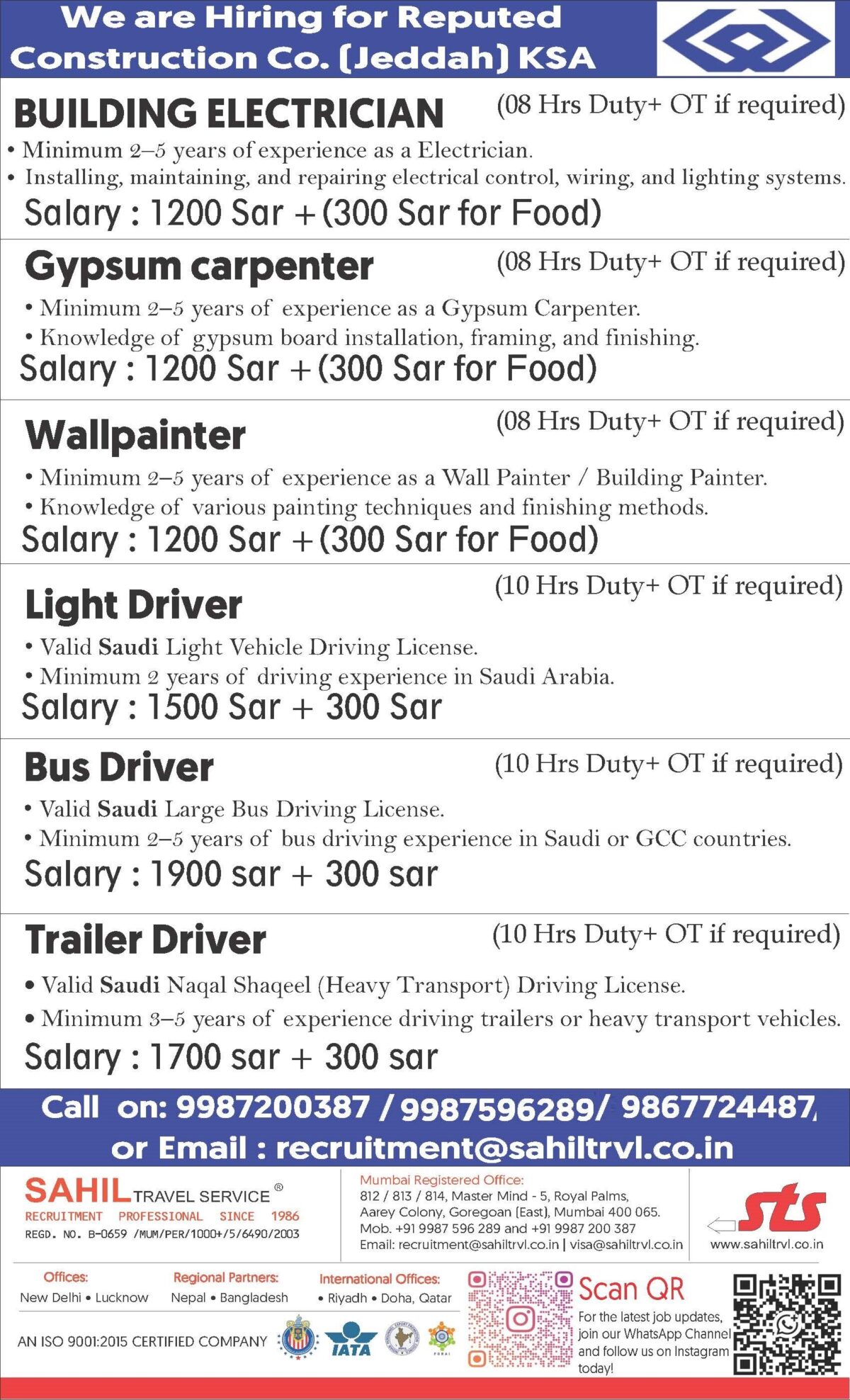 Saudi Arabia Construction Jobs – Urgent Hiring at Sahil Travel Service