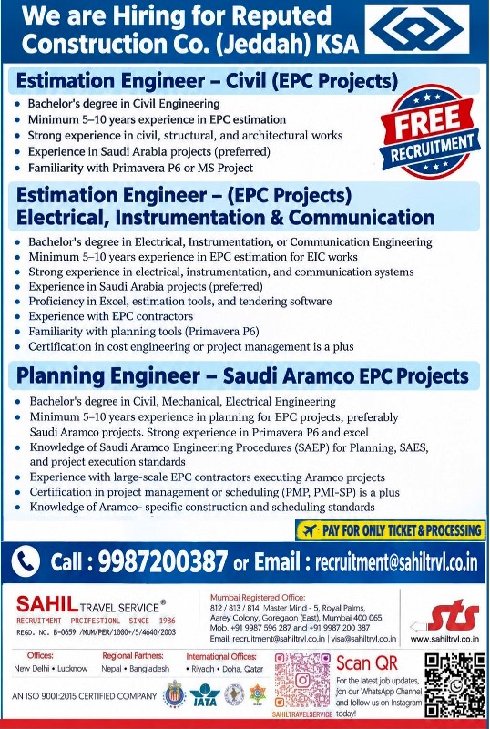 Saudi Arabia Construction Jobs – Estimation & Planning Engineers