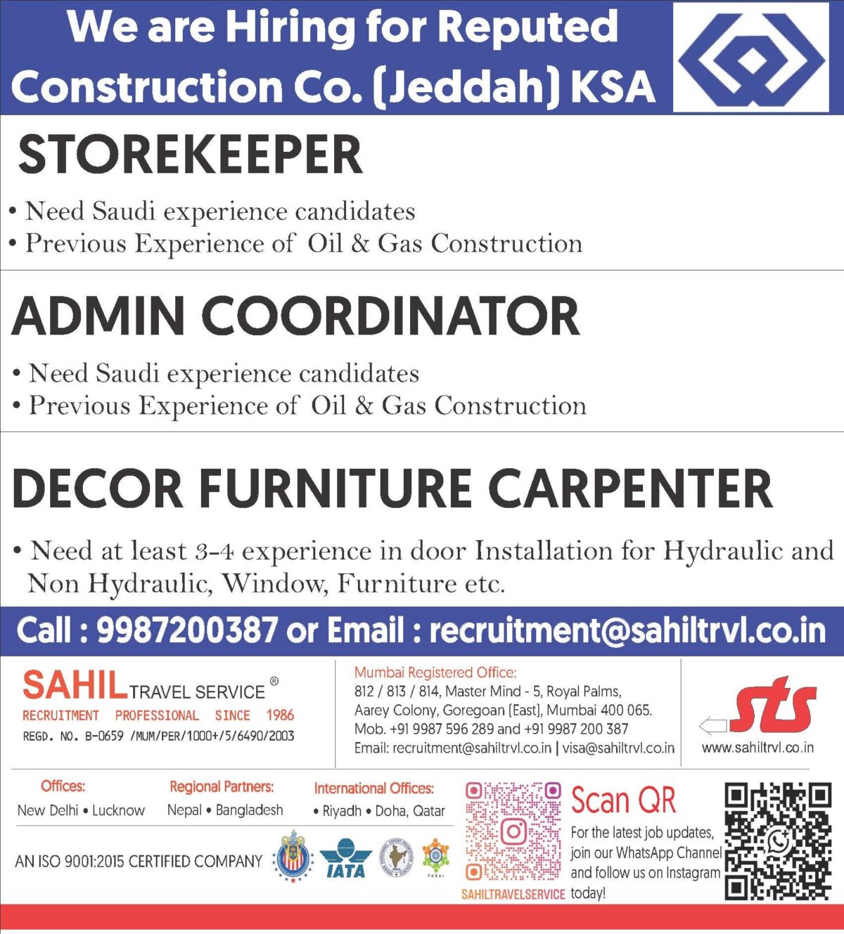 Saudi Arabia Construction Jobs – Sahil Travel Service