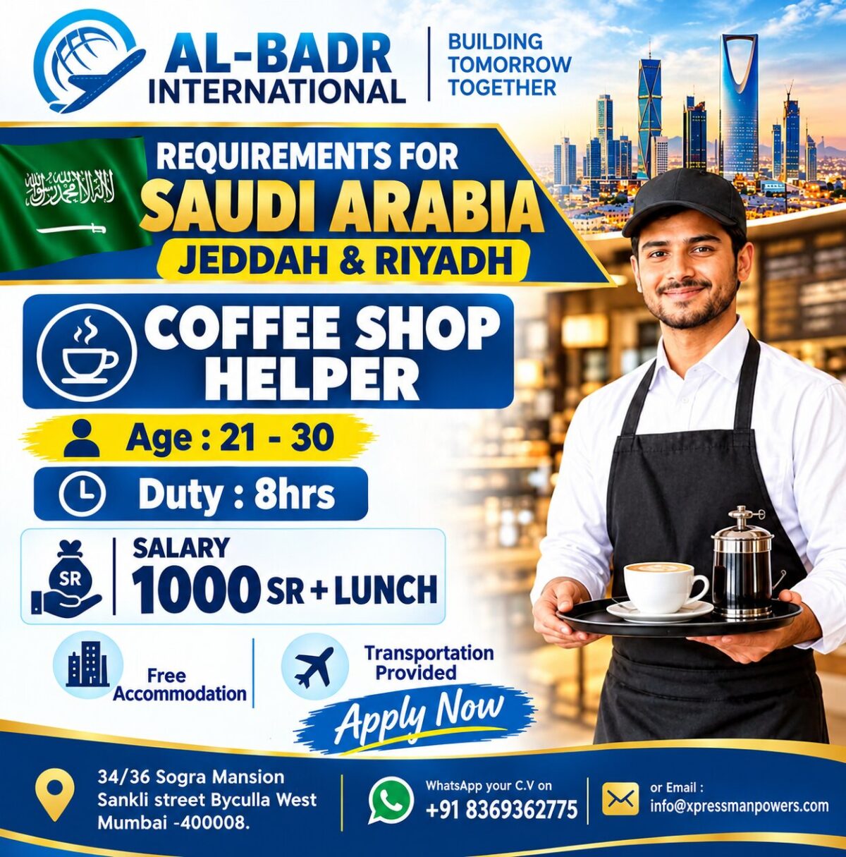 Saudi Arabia Job Vacancy – Coffee Shop Helper Jobs in Jeddah & Riyadh