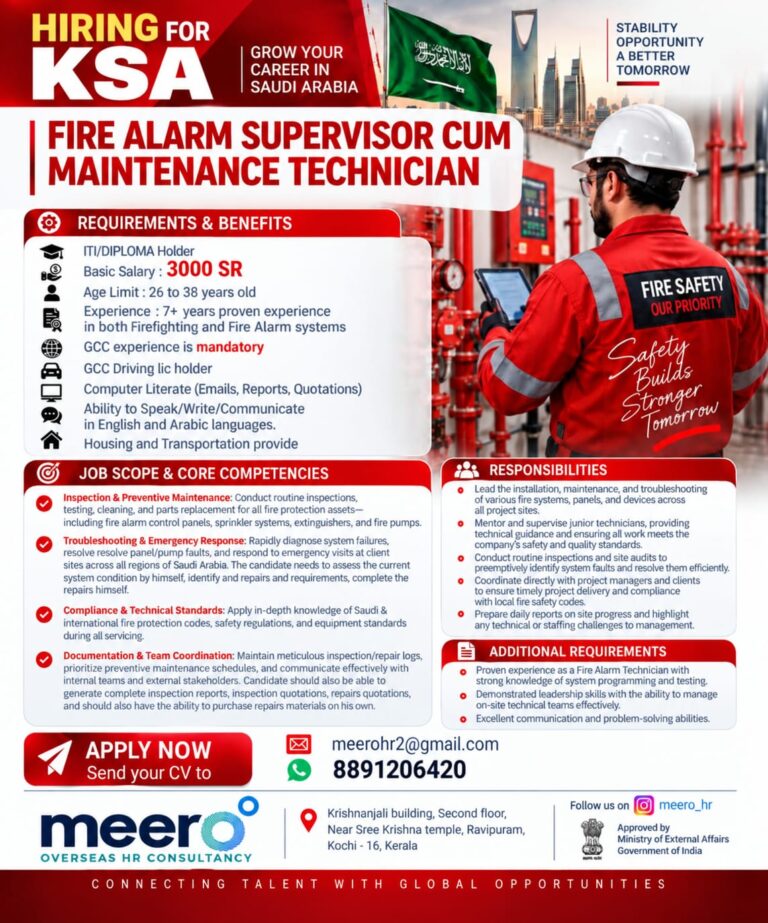 Saudi Arabia Job Vacancy – Fire Alarm Supervisor Hiring