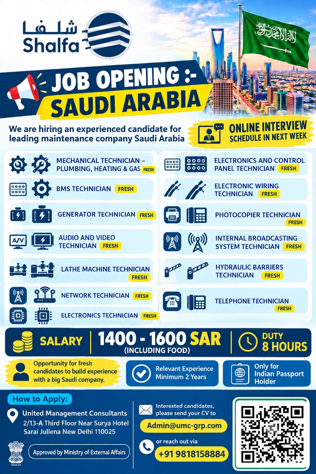 Saudi Arabia Job Vacancy – Urgent Hiring For Fresh Candidates