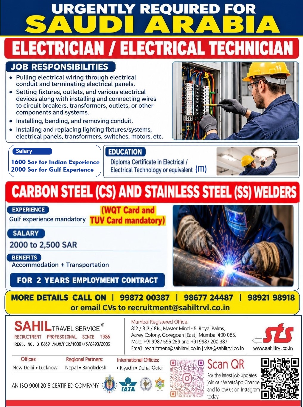 Saudi Arabia Job Vacancy – Electricians & Welders Required