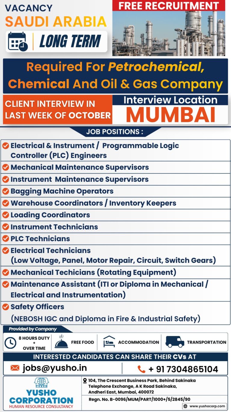 Saudi Arabia Job Vacancy – Urgent Hiring at Yusho Corporation