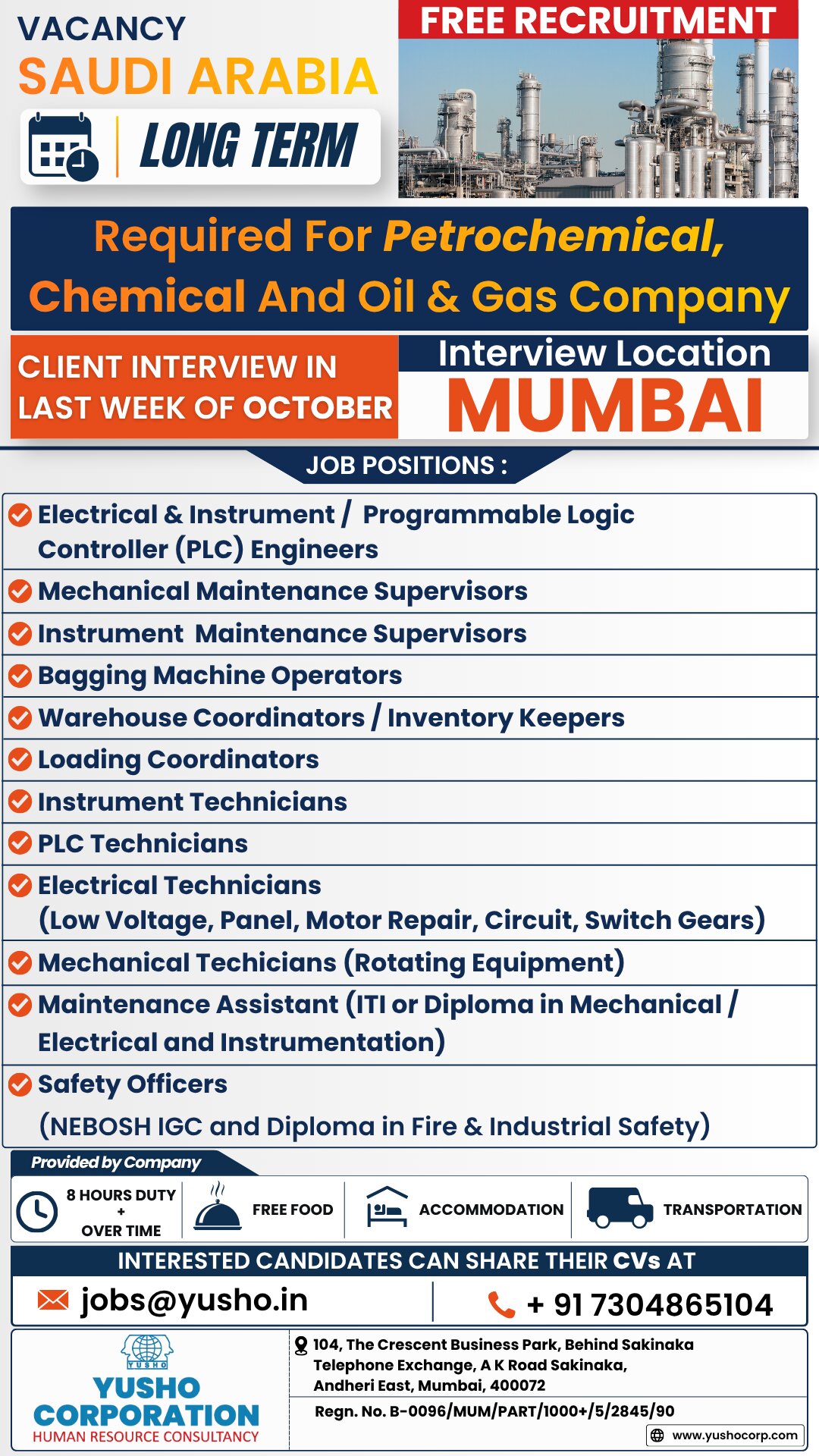 Saudi Arabia Job Vacancy – Urgent Hiring at Yusho Corporation
