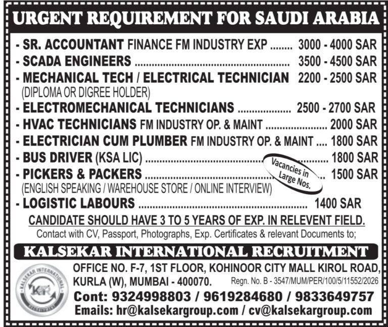Saudi Arabia Job Vacancy – Urgent Hiring at Kalsekar International