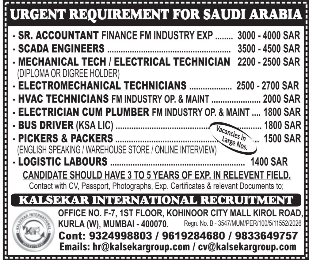 Saudi Arabia Job Vacancy – Urgent Hiring at Kalsekar International