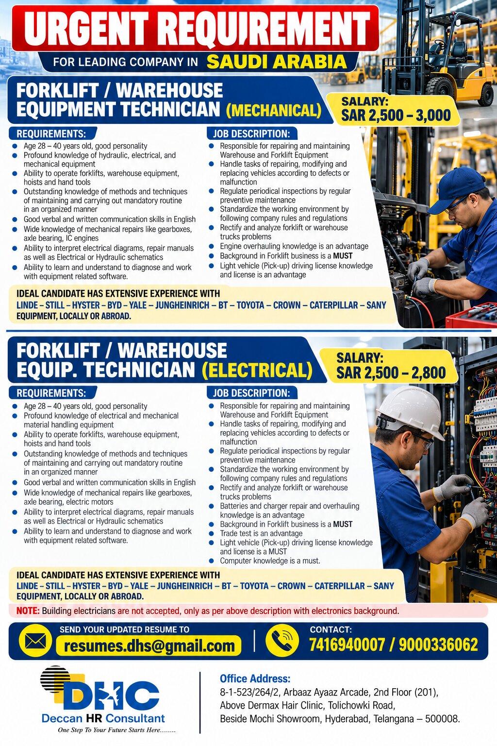 Saudi Arabia Job Vacancy – Forklift Warehouse Technician