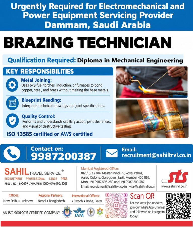 Saudi Arabia Job Vacancy – Brazing Technician at Sahil Travel