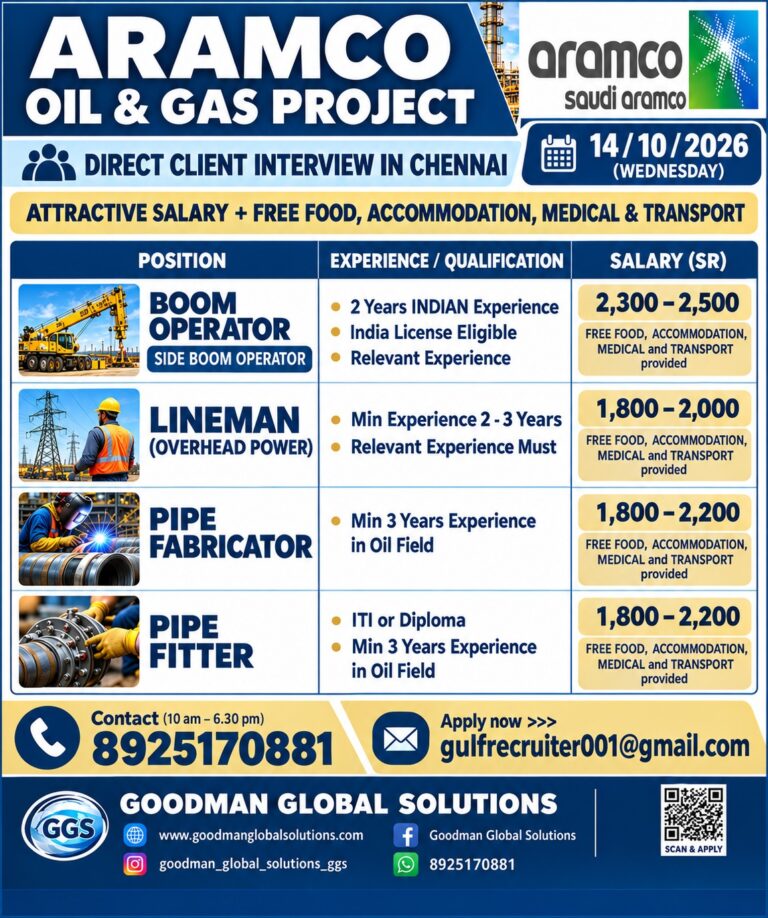 Saudi Arabia Oil & Gas Project Jobs – Direct Interview in Chennai