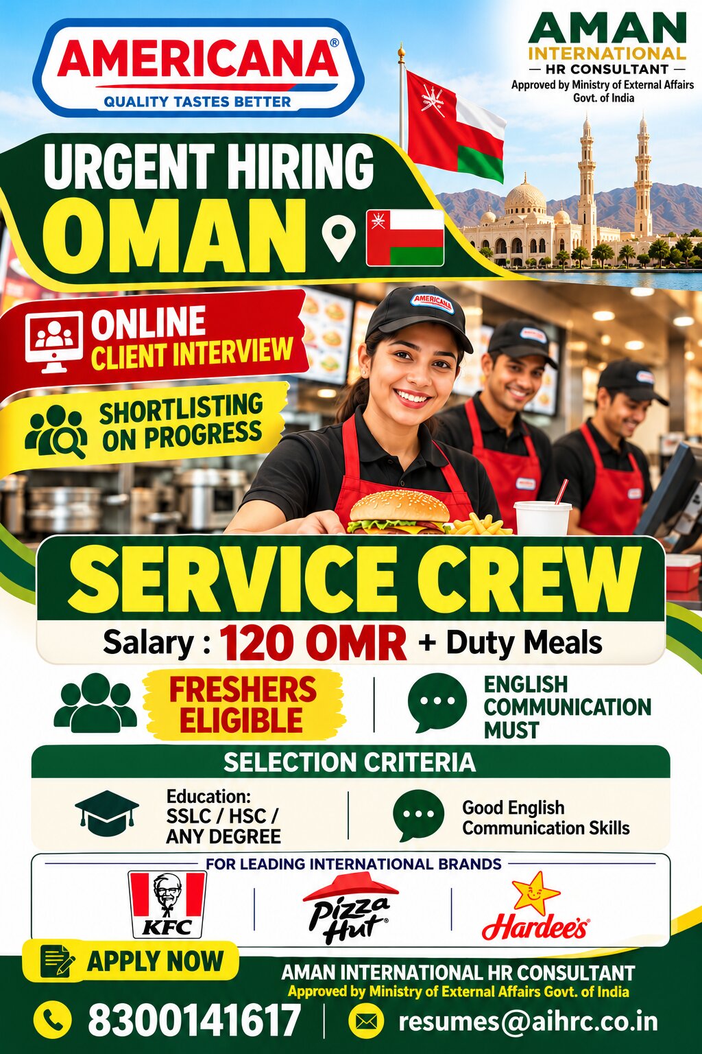 Service Crew Jobs in Oman – Online Interview and Urgent Hiring