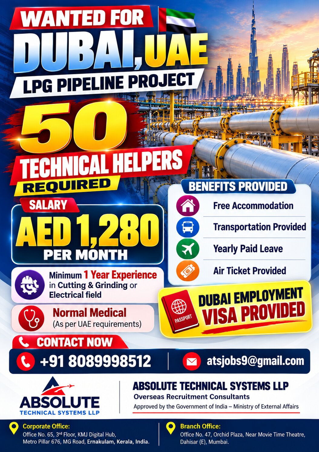 Technical Helper Jobs in Dubai, UAE – AED 1,280 Salary