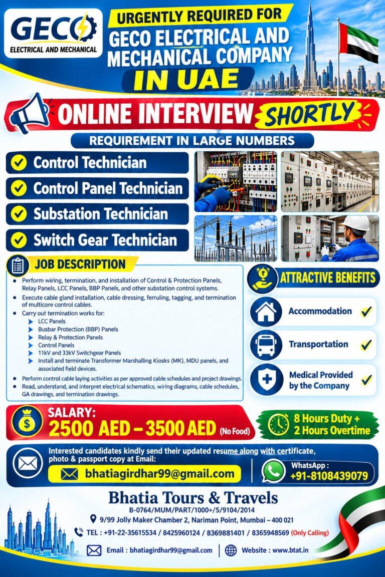 URGENTLY REQUIRED FOR GECO ELECTRICAL AND MECHANICAL COMPANY IN UAE